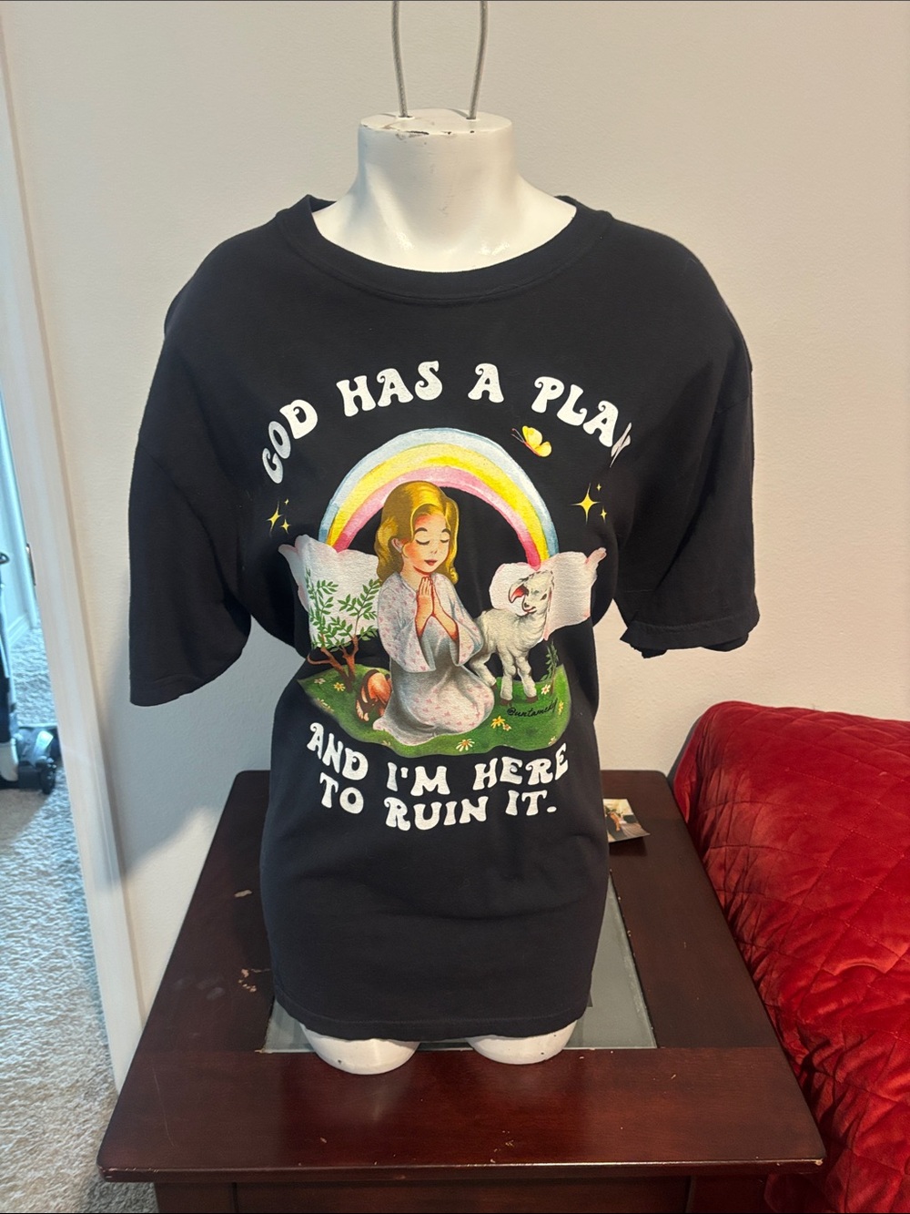 Black Graphic Short Sleeve Tee with Rainbow Prayer Design